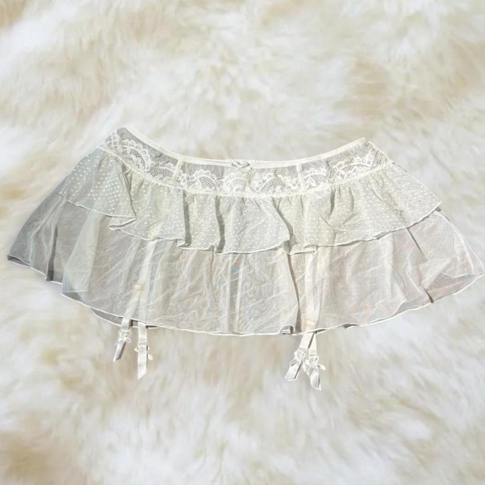 Cacique Y2K White Lace Ruffle Sheer Mini Skirt Garter Plus Size 26/28 2XL 3XL